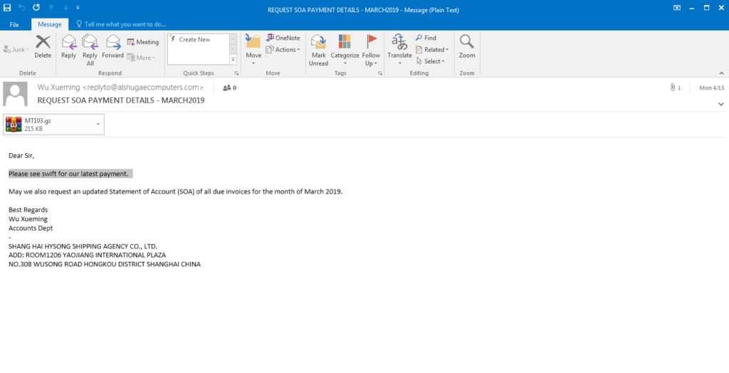 Malicious email requesting Statement of Account