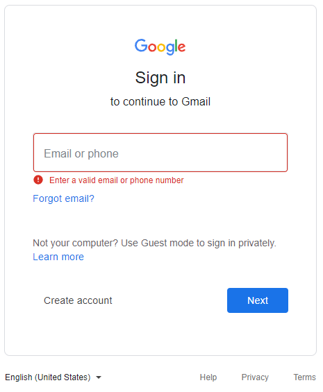 invalid email or phone when signing into google